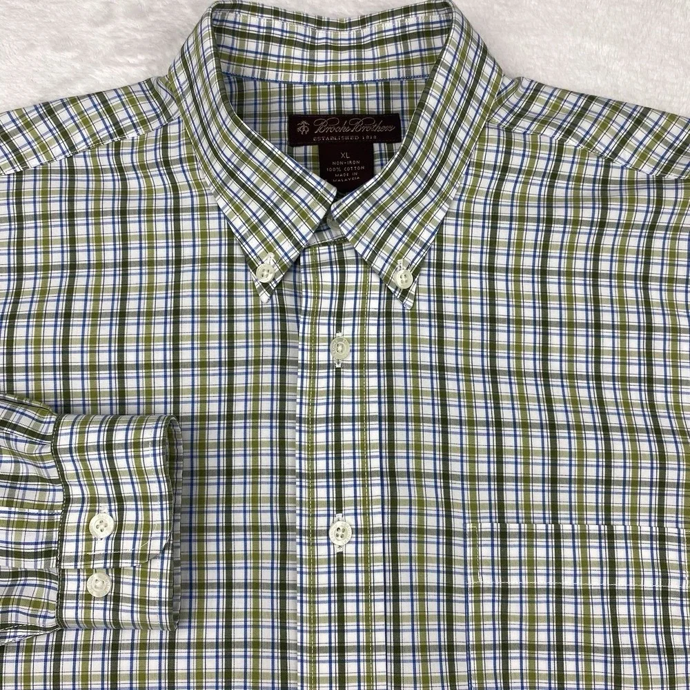 Brooks Brothers Boys XL Green White Plaid Dress Shirt Non-Iron Long Sleeves